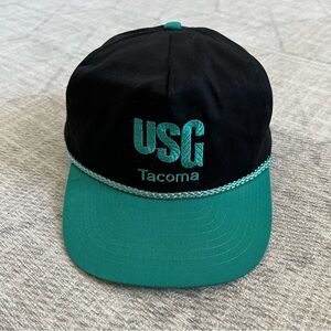 Vintage 1990s Nissin USG Tacoma Adult Black/Turquoise Blue SnapBack Trucker Hat